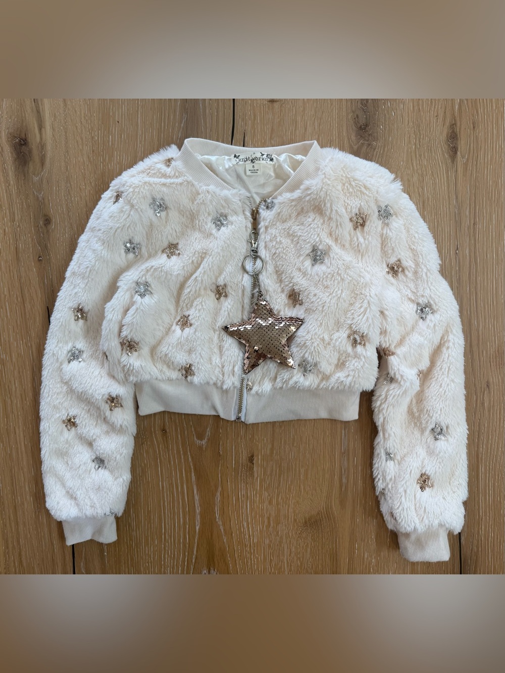 Knitworks Cream Faux Fur Zip Jacket with Sequin Star Accents